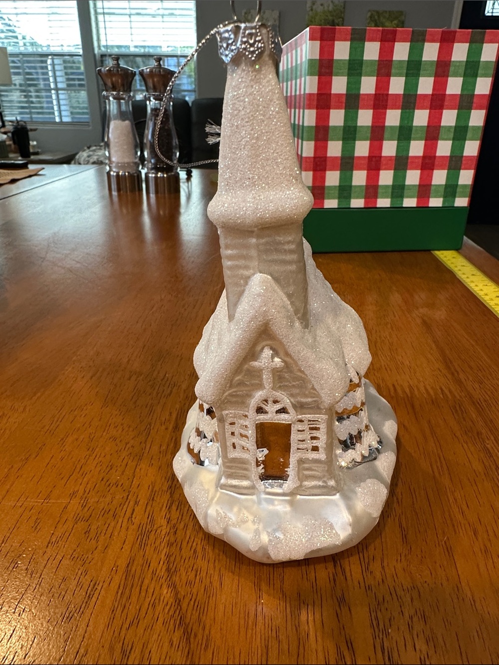 Glass Sparkling White Glitter Church Holiday Ornament with silver base.